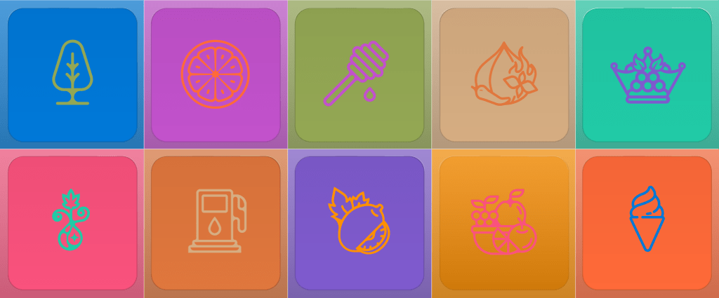 Flavor Profile Icons: Citrus, Fruit, Gas, Pine, Sour, Savory, Dessert, Purple, Exotic