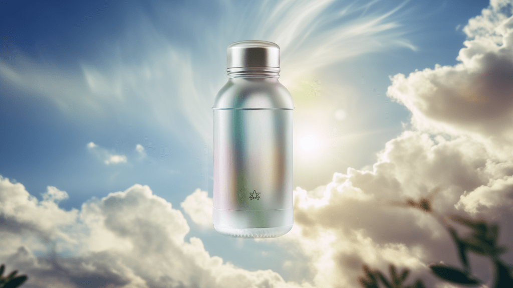 TBF oil bottle floating majestically in the clouds
