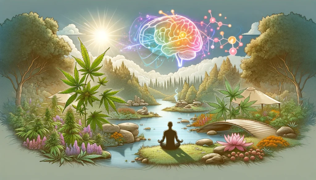 illustration of a person seating in nature, in a relaxing pose, with a lot of illustrations surrounding. Those illustrations contain a brain, cannabis plants, molecules, plants, mountain, the sun, etc.
