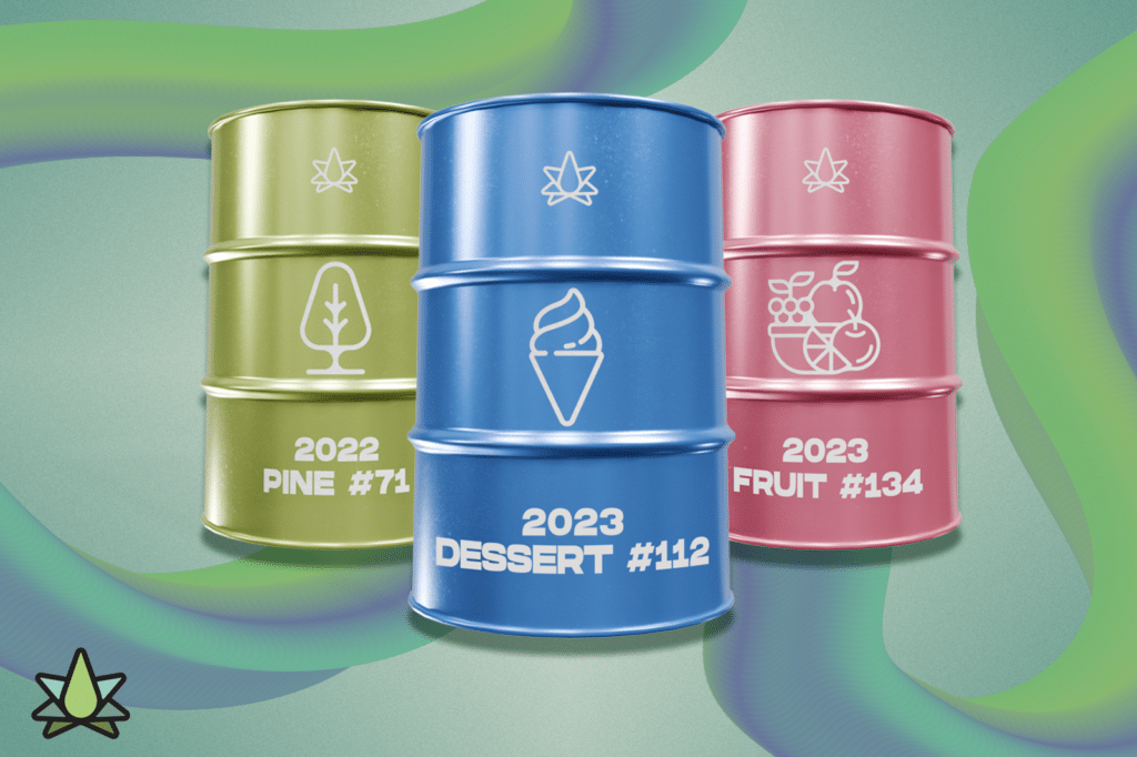 Three terpenes can - Pine 71, Dessert 112, and Fruit 134, are placed against a multicolor background
