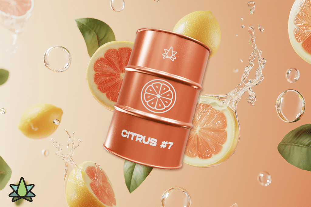 A citrus terpene can placed in front of some orange citrus from Terpene Belt Farms.