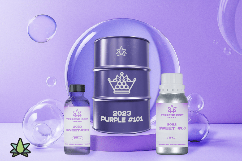 A 2023 Purple #101 can along with two bottles of Terpene Farm's 2023 and 2022 Sweet #161 on a purple-colored surface