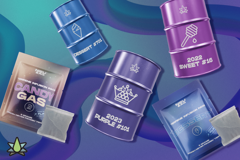 Three terpenes - Dessert, Purple Sweet, and two terpene infusion packs, Candy Gas and Dessert - are placed against a bluish background