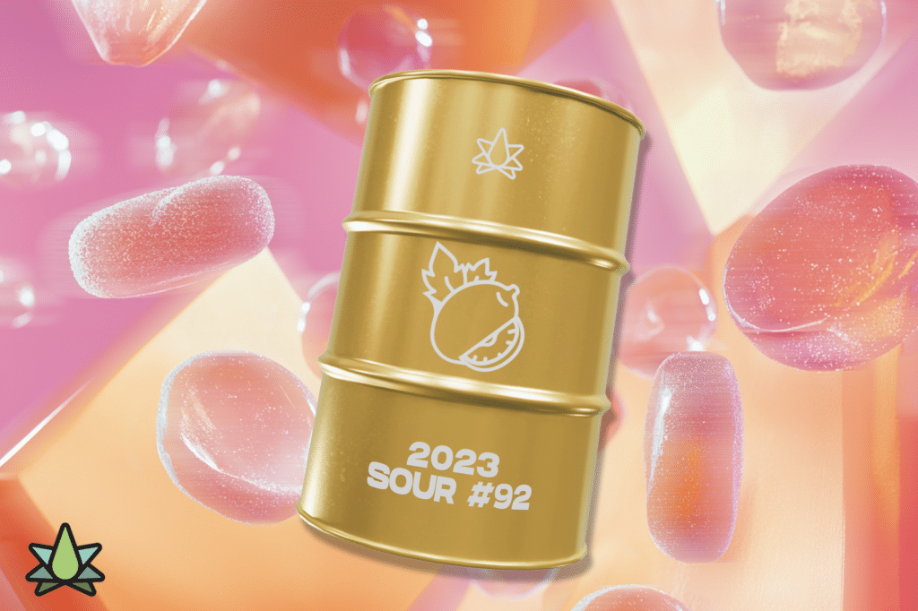 A 2023 SOUR #92 terpene profile set against a colorful background