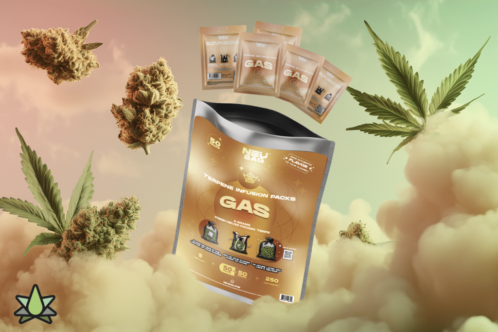 A GAS terpene infusion pack with cannabis buds and leaves floating in the sky
