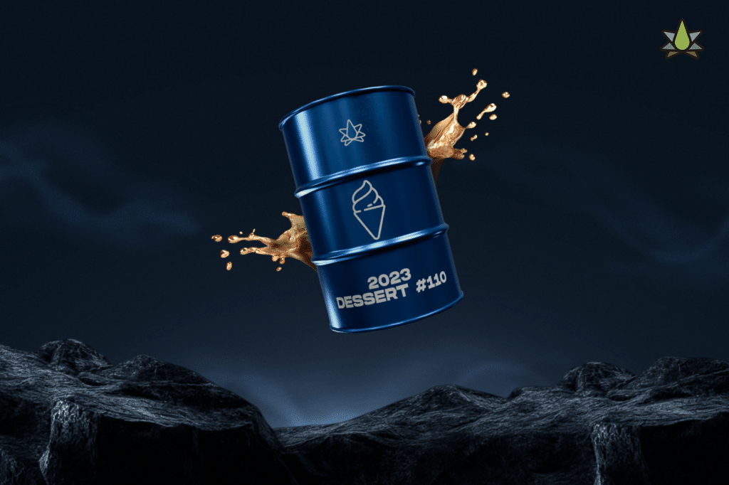 A 2023 DESSERT #110 drink can set against a dark mountain background