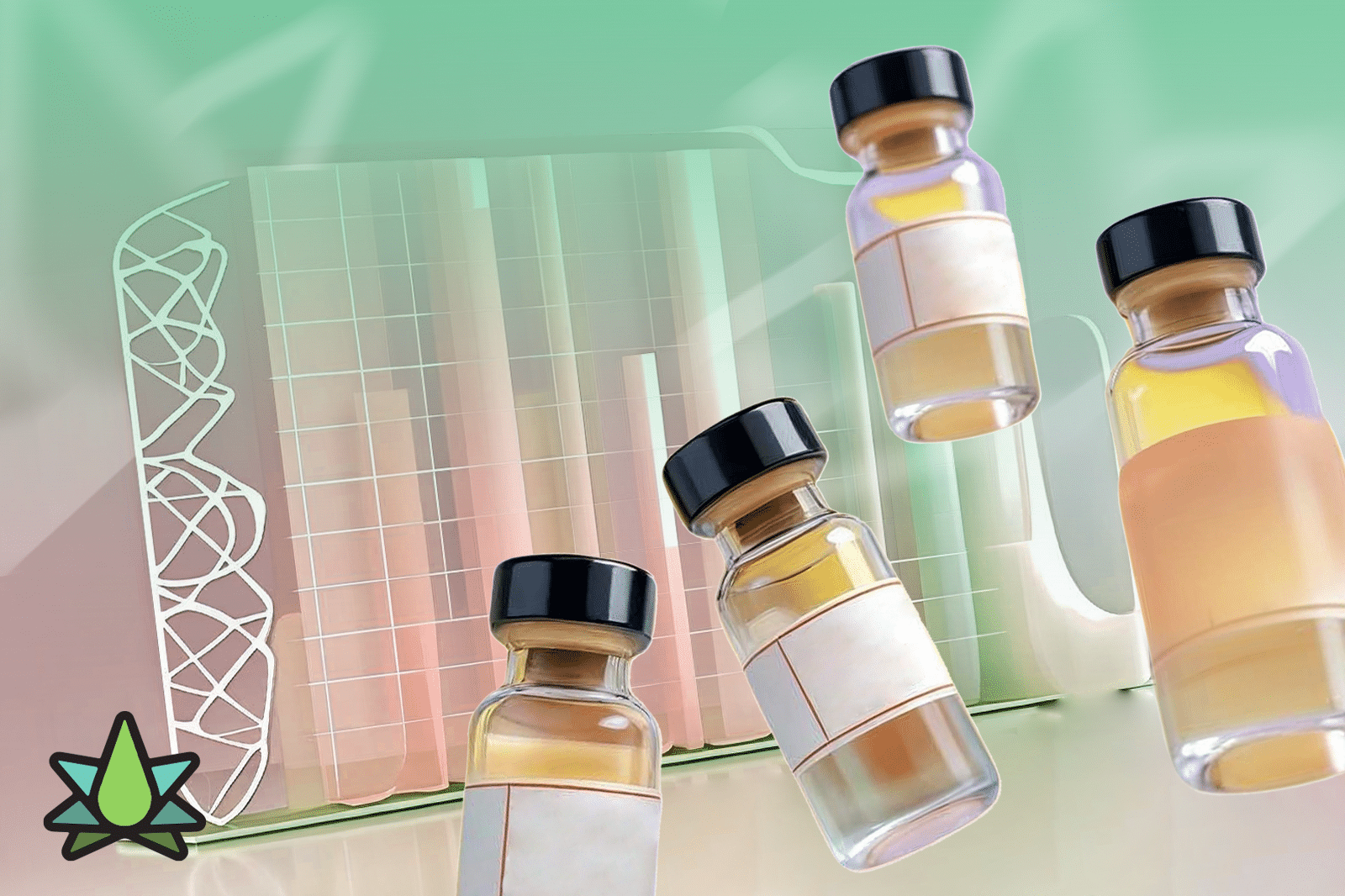 Laboratory bottles containing Cannabis-Derived Terpenes with scientific measurement equipment for analytical testing