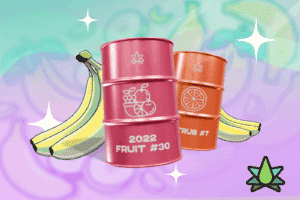 A 2022 FRUIT #30 can and a CITRUS #7 can, placed with bananas, highlight the Banana OG terpene profile against a multicolour background