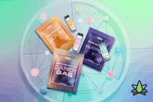 Three different flavors of Terpene Infusion Pack Sour, Candy Gas, and Purple displayed on a cyan-colored chart board