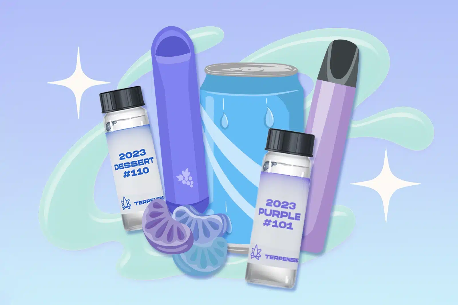 Blue-themed cannabis collection with vape devices, blue soda can, terpene extract bottles labeled "2023 Dessert #110" and "2023 Purple #101", and gummies