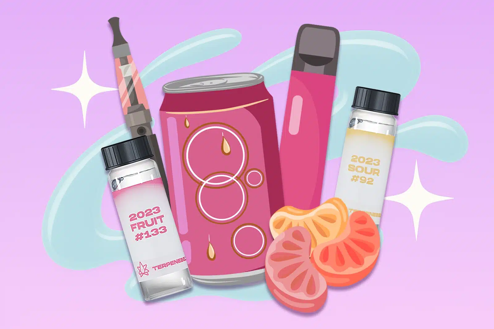 Colorful cannabis products on purple background: vape pen, soda can, disposable vape, terpene extracts, and fruit-shaped gummies