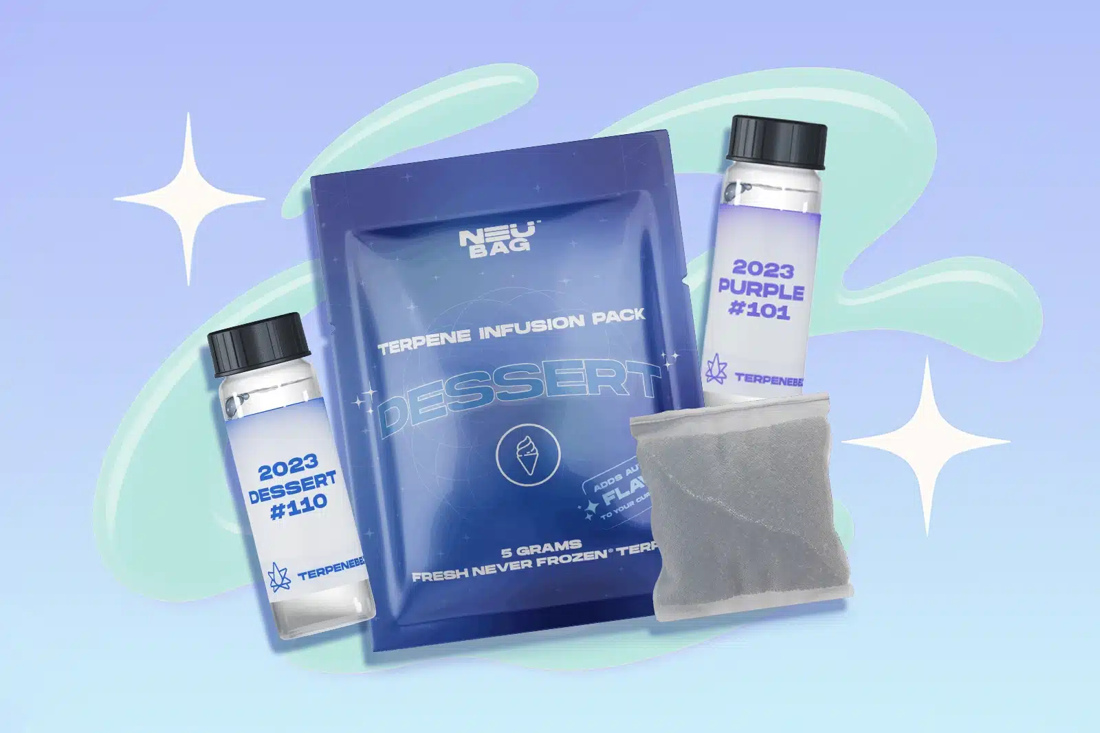 A Terpene Infusion Pack Dessert, a 2023 Dessert #110, and a 2023 Purple #101 are placed against a cyan-colored background