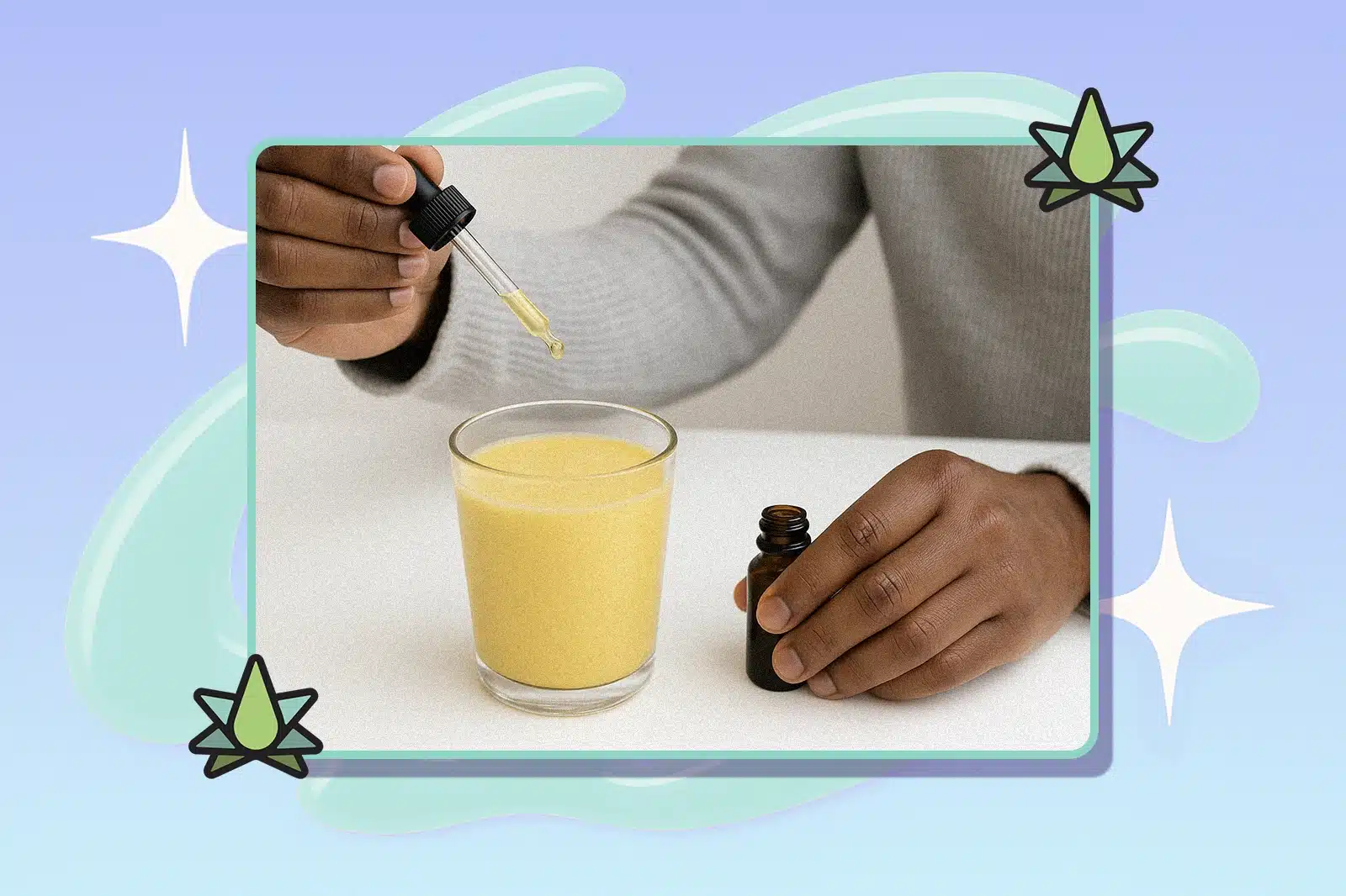 A man picks up terpene oil with a dropper and wants to mix it with a glass of milk to drink