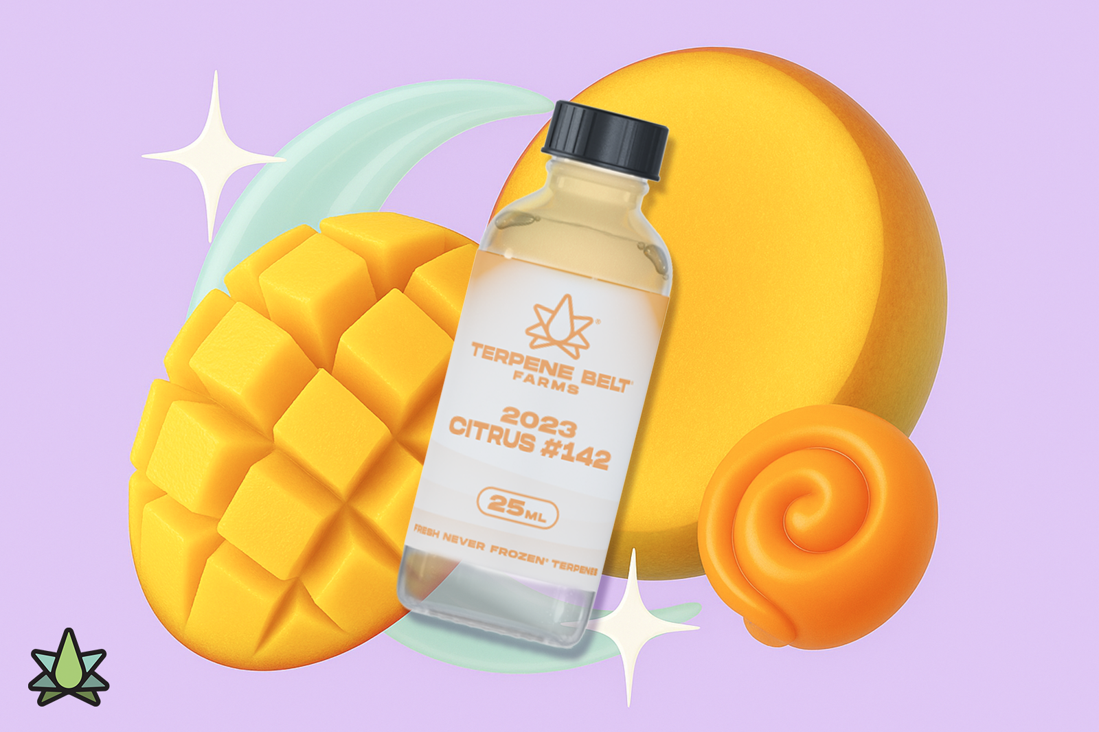 Some mango slice with a bottle of Terpene Belt Farms 2023 CITRUS #142 is placed against a purple background