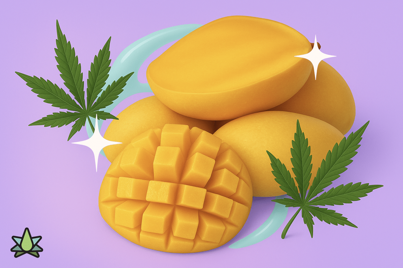 Sliced mango pieces placed with terpene leaves against a purple background highlight the vibrant appeal of mango terpenes