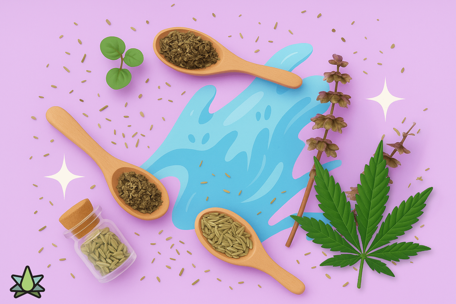 Some water and a cannabis leaf are shown with herbs, seeds, and wooden spoons on a purple background