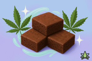 Three brown gummies with two Terpenes leaves on a light background, showcasing Terpenes in Gummies