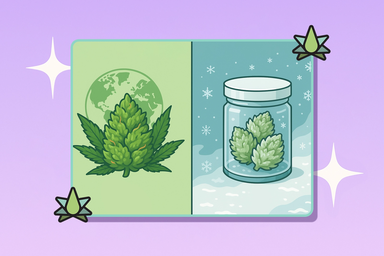 Fresh cannabis plant vs frozen preserved buds showing carbon impact of different terpene processing methods
