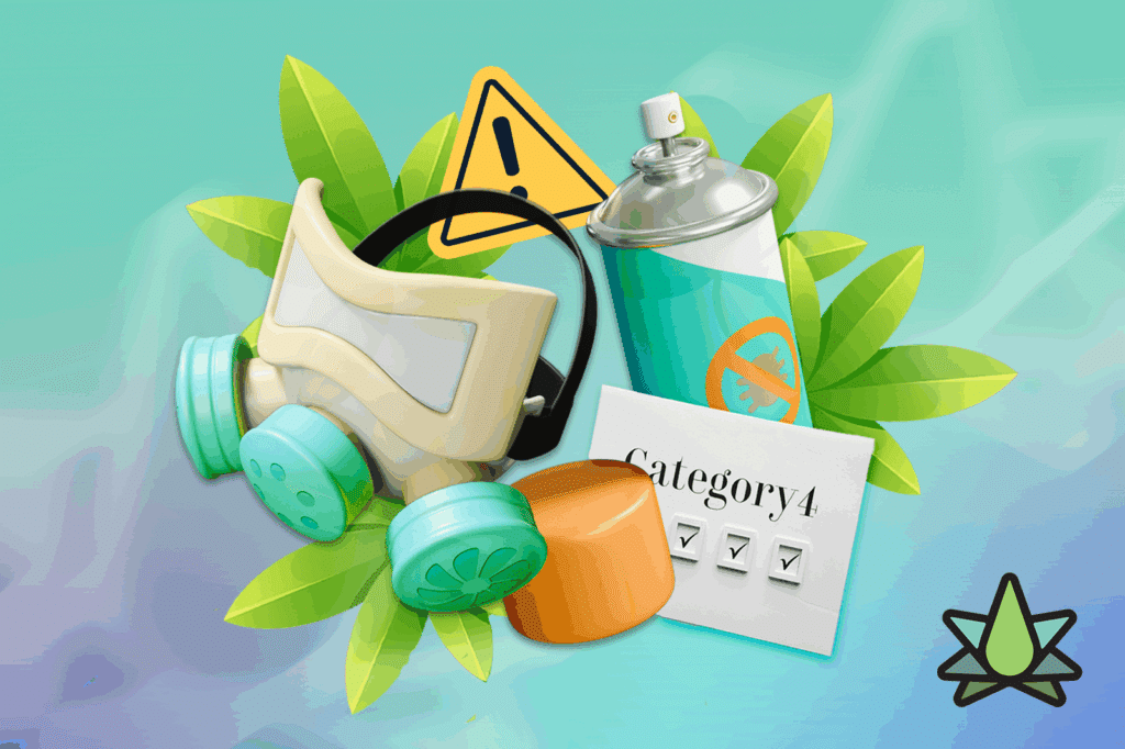 Gas mask, warning sign, and spray can placed with green Cannabis Terpene leaves on blue background & "Category 4" pesticide test checklist visible