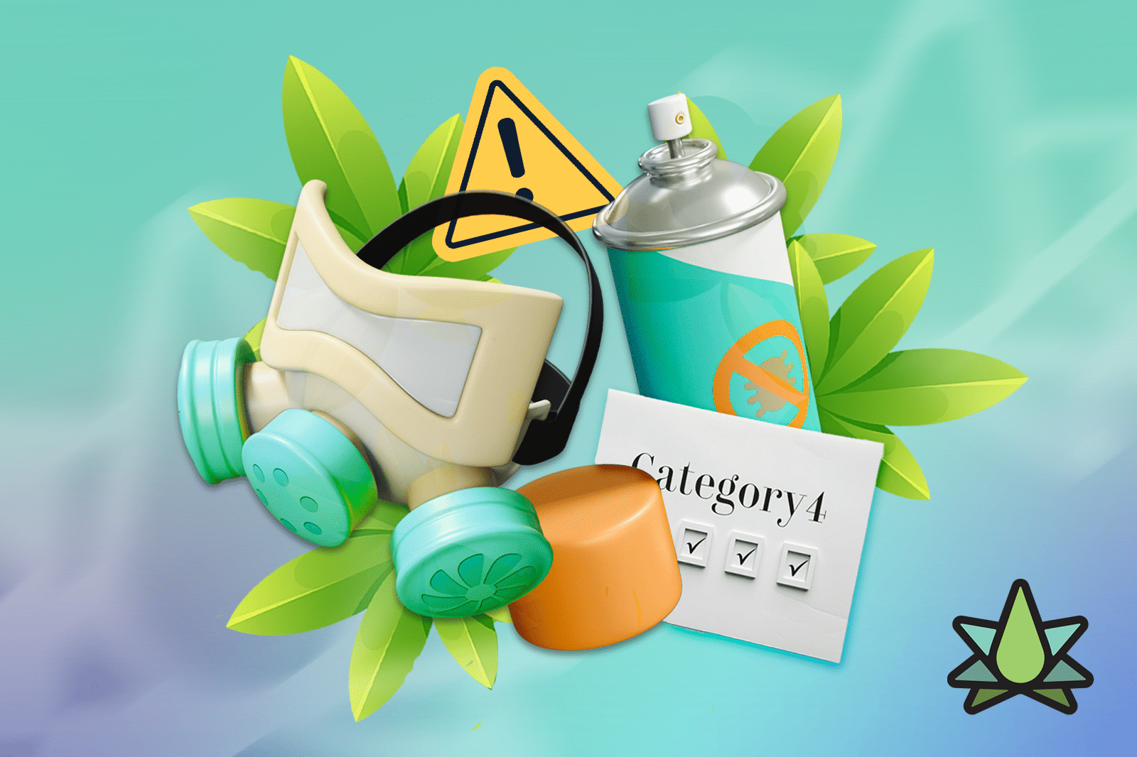 Gas mask, warning sign, and spray can placed with green Cannabis Terpene leaves on blue background & "Category 4" pesticide test checklist visible