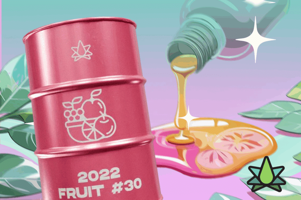 A pink-colored barrel of 2022 FRUIT #30 with live resin pours from a bottle onto a fruit slice, accompanied by green leaves