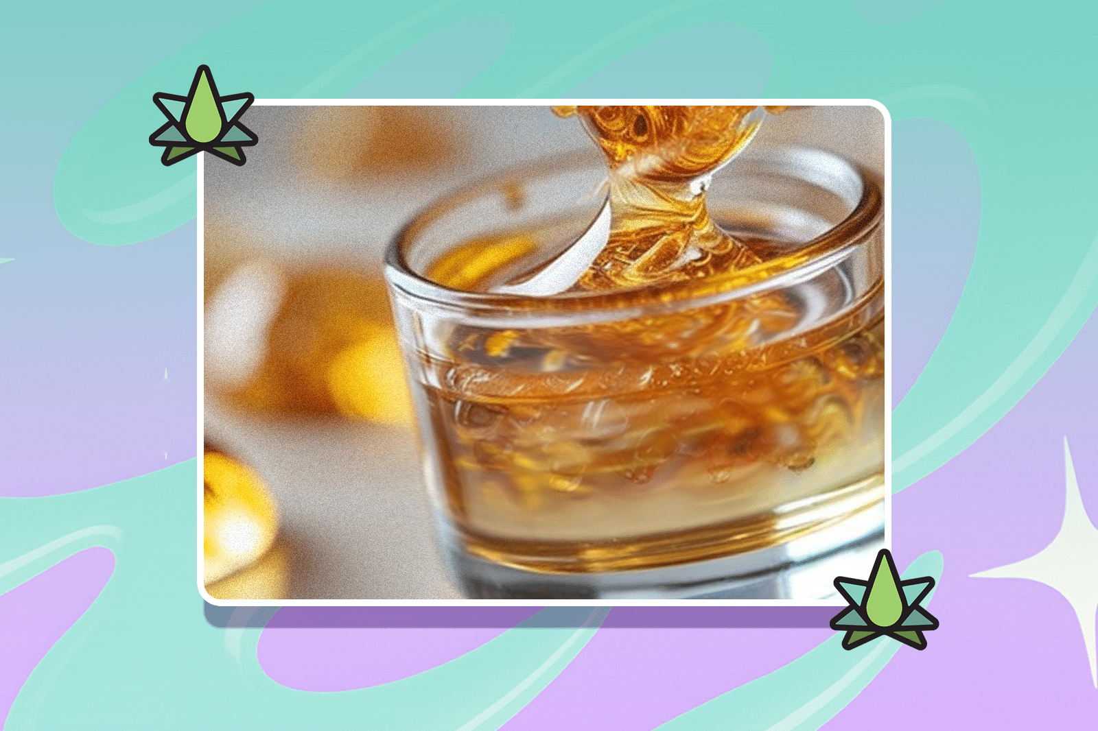 Golden-colored live resin in a clear glass jar, set against a softly blurred background
