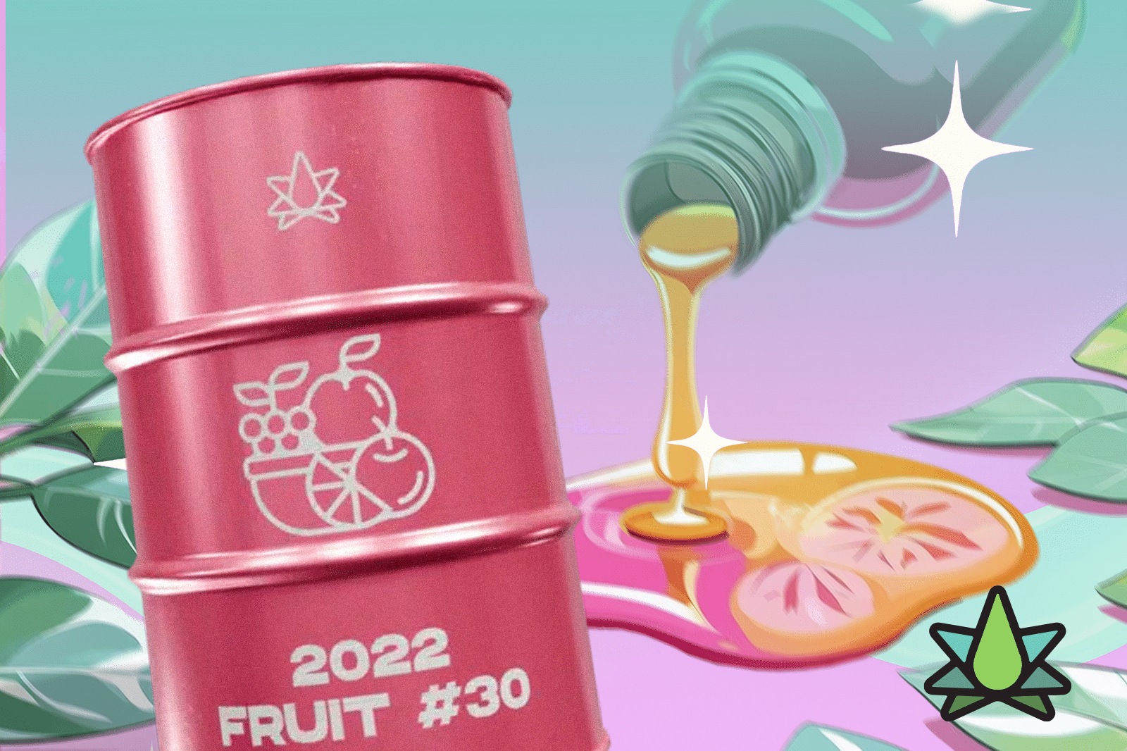 A pink-colored barrel of 2022 FRUIT #30 with live resin pours from a bottle onto a fruit slice, accompanied by green leaves
