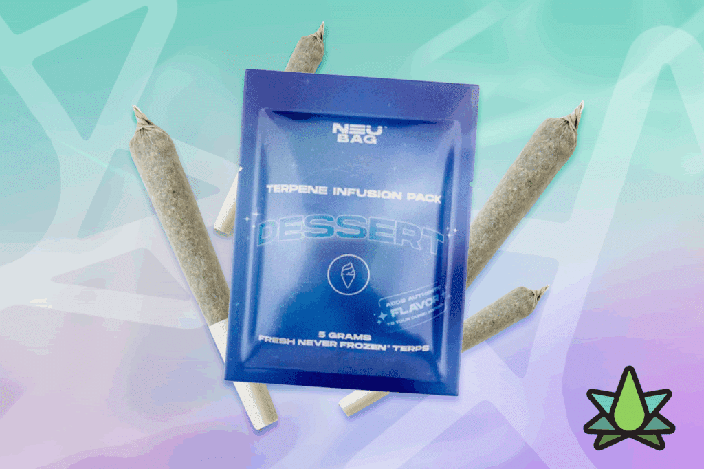 A blue-colored DESSERT Terpene Infusion Pack with four Infused prerolls placed on a light-colored surface