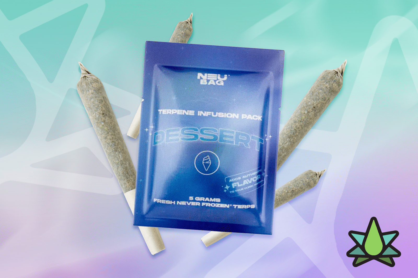 A blue-colored DESSERT Terpene Infusion Pack with four Infused prerolls placed on a light-colored surface