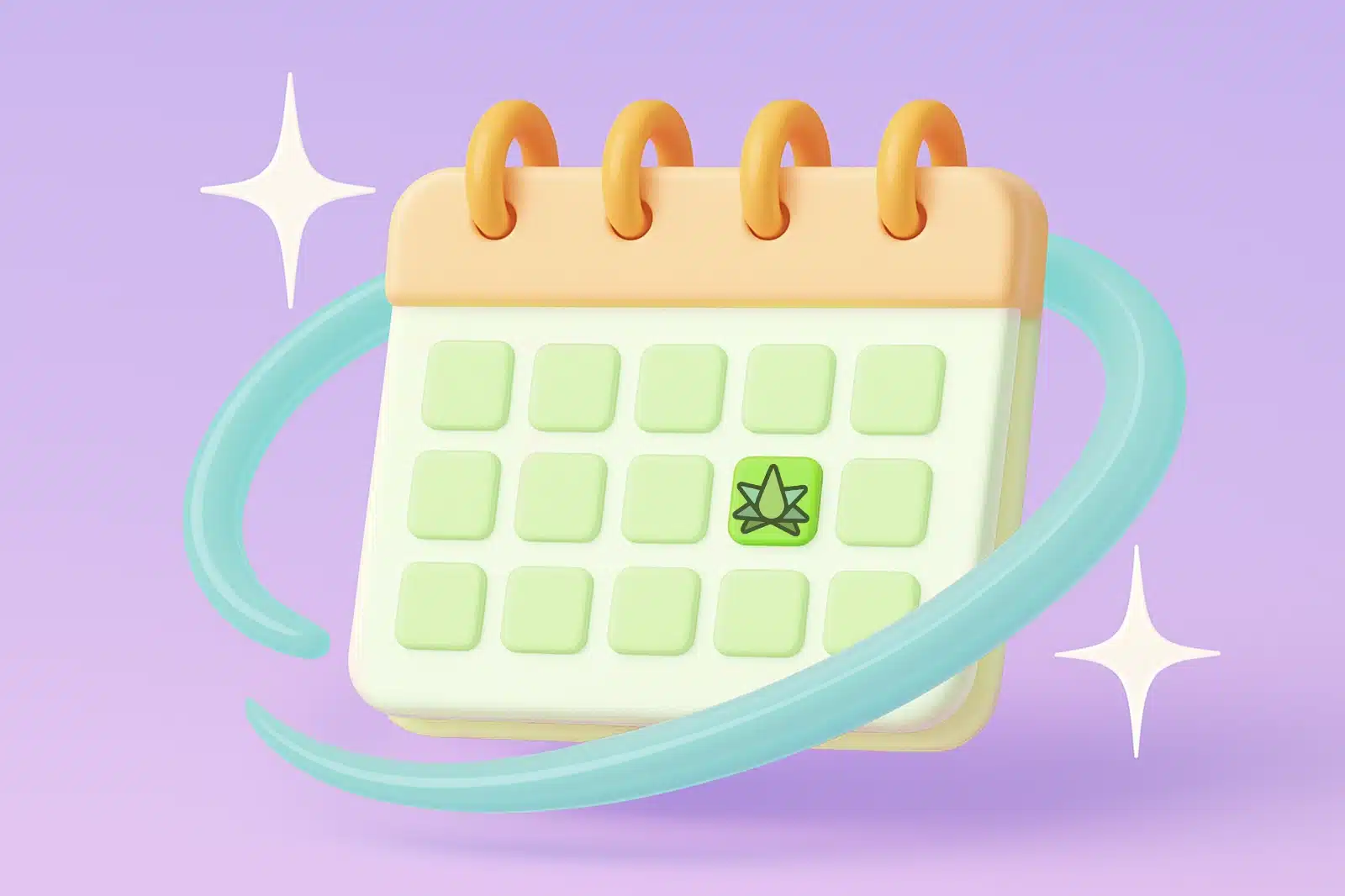 A terpene leaf is set on a calendar date against a purple background