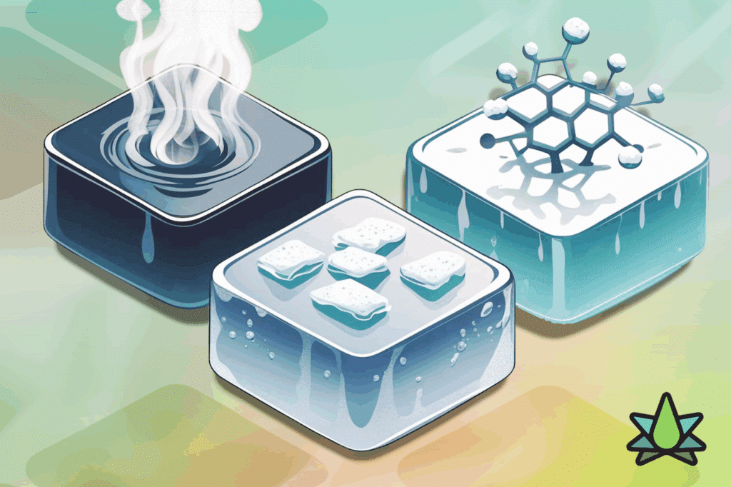 Three ice cubes, each featuring a unique element: swirling steam, Cold Trap Terpenes, and Molecular Distillation