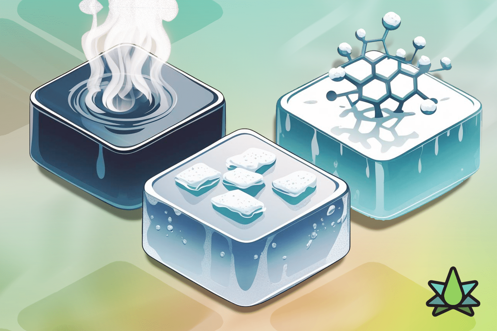 Three ice cubes, each featuring a unique element: swirling steam, Cold Trap Terpenes, and Molecular Distillation