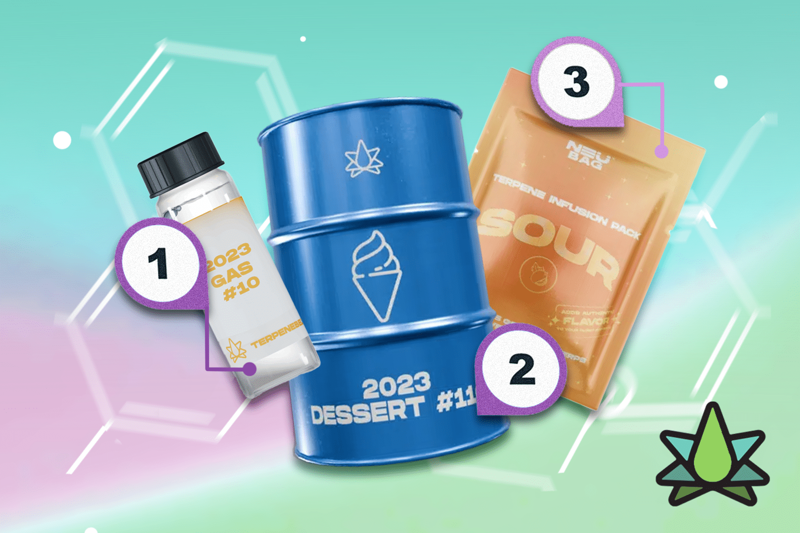 A 2023 GAS #10, a 2023 DESSERT #111, and a Terpene Infusion Pack with sour flavour placed against a blue-coloured background