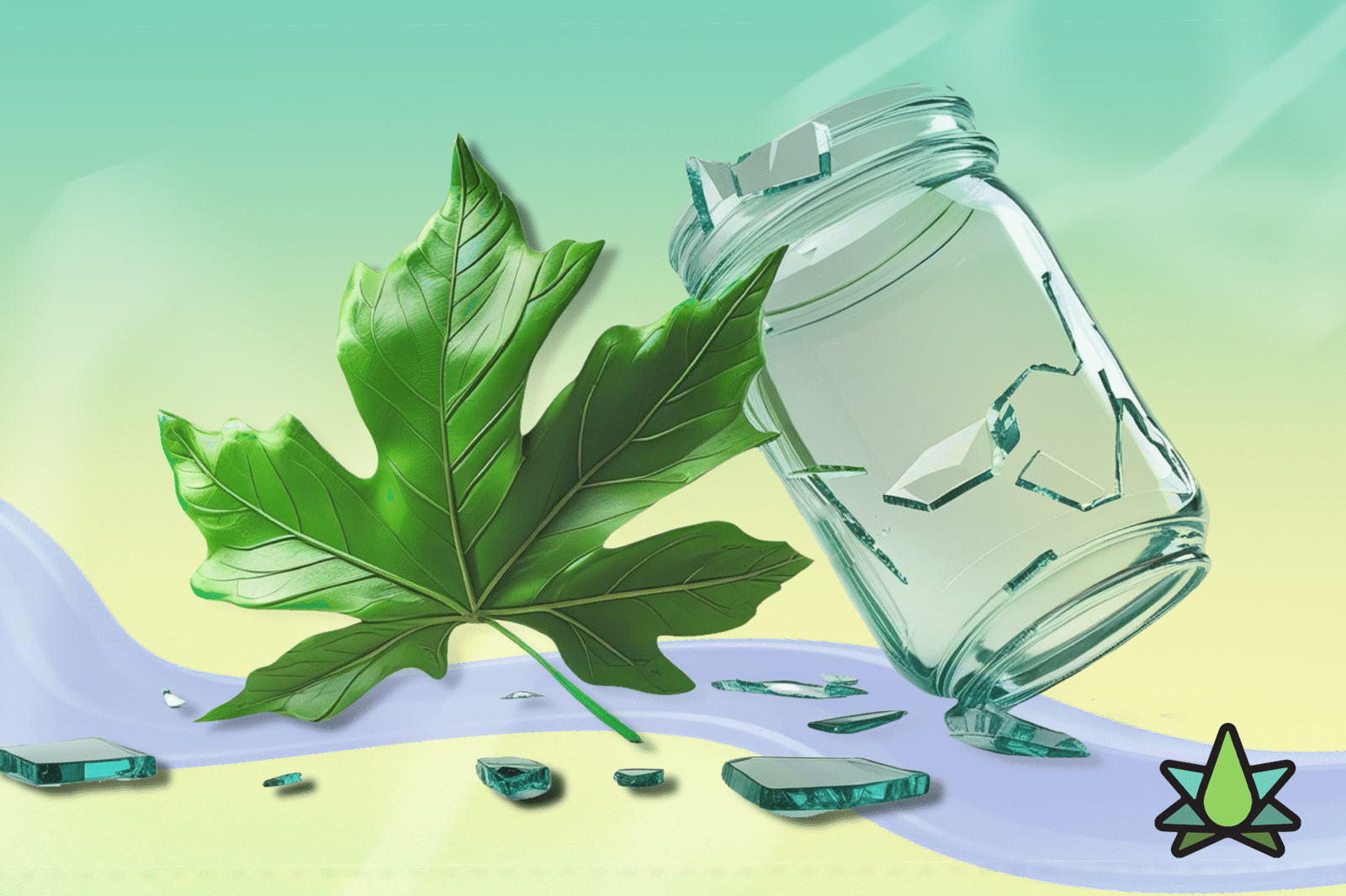 A green leaf rich in terpenes and a broken glass jar rest on a pastel background, with shards of glass scattered across a curved, icy-blue surface