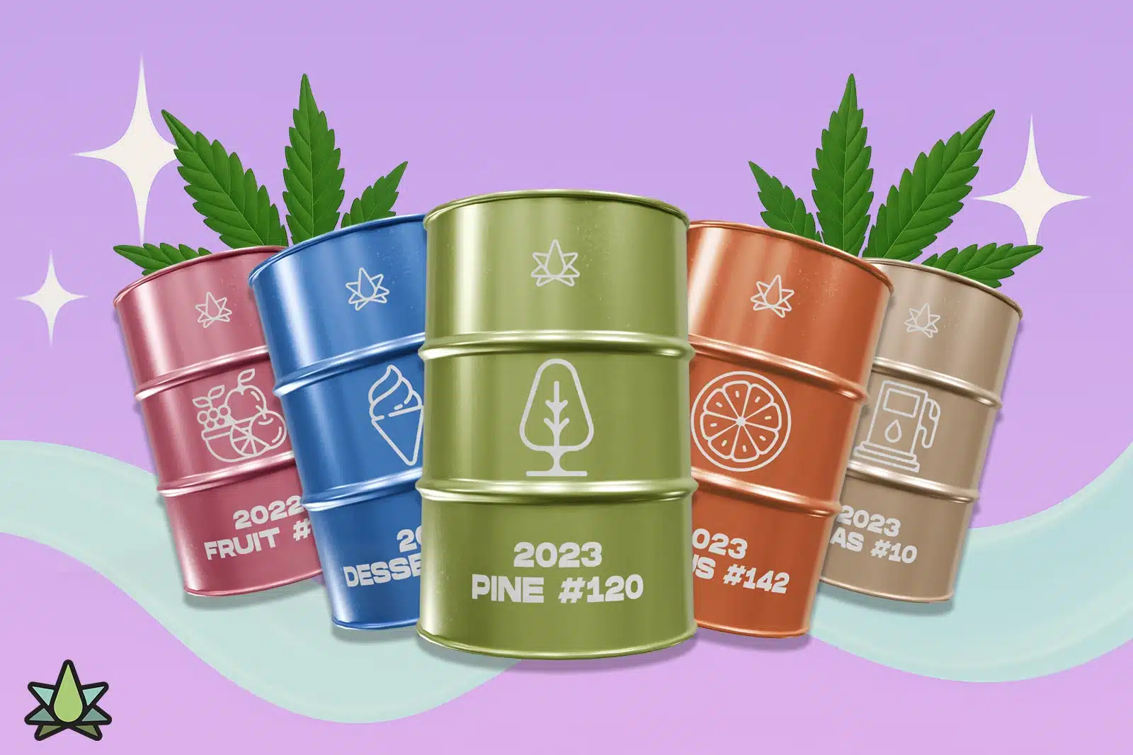 Terpene Belt Farms 2022 Fruit #15, 2022 Dessert #45, 2023 Citrus #145, 2023 Gas #10, and 2023 Pine #120 - different flavored vape cart barrels set against a purple background with terpene leaves