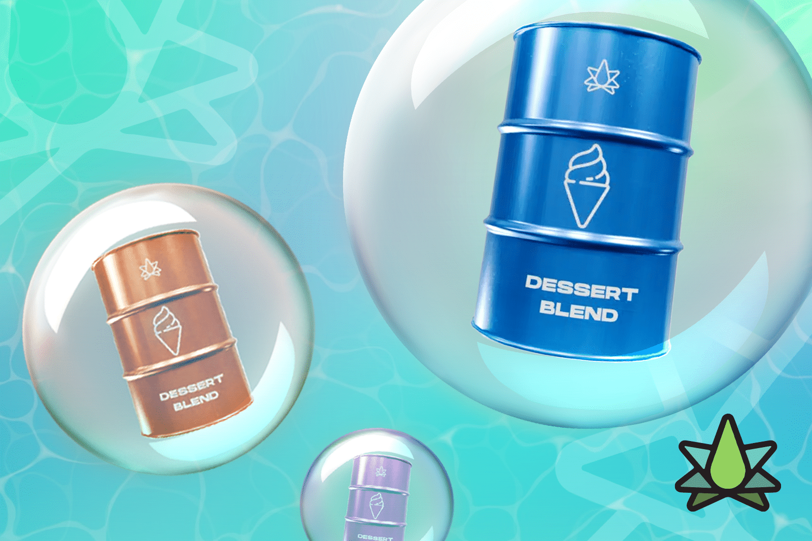 Three dessert blend cans blue, peach, and purple in color are floating inside water bubble against a blue background
