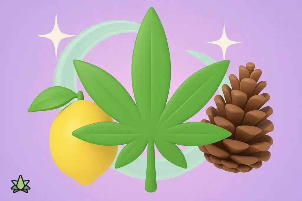 Marujiana leav next to a lemon and a pine cone