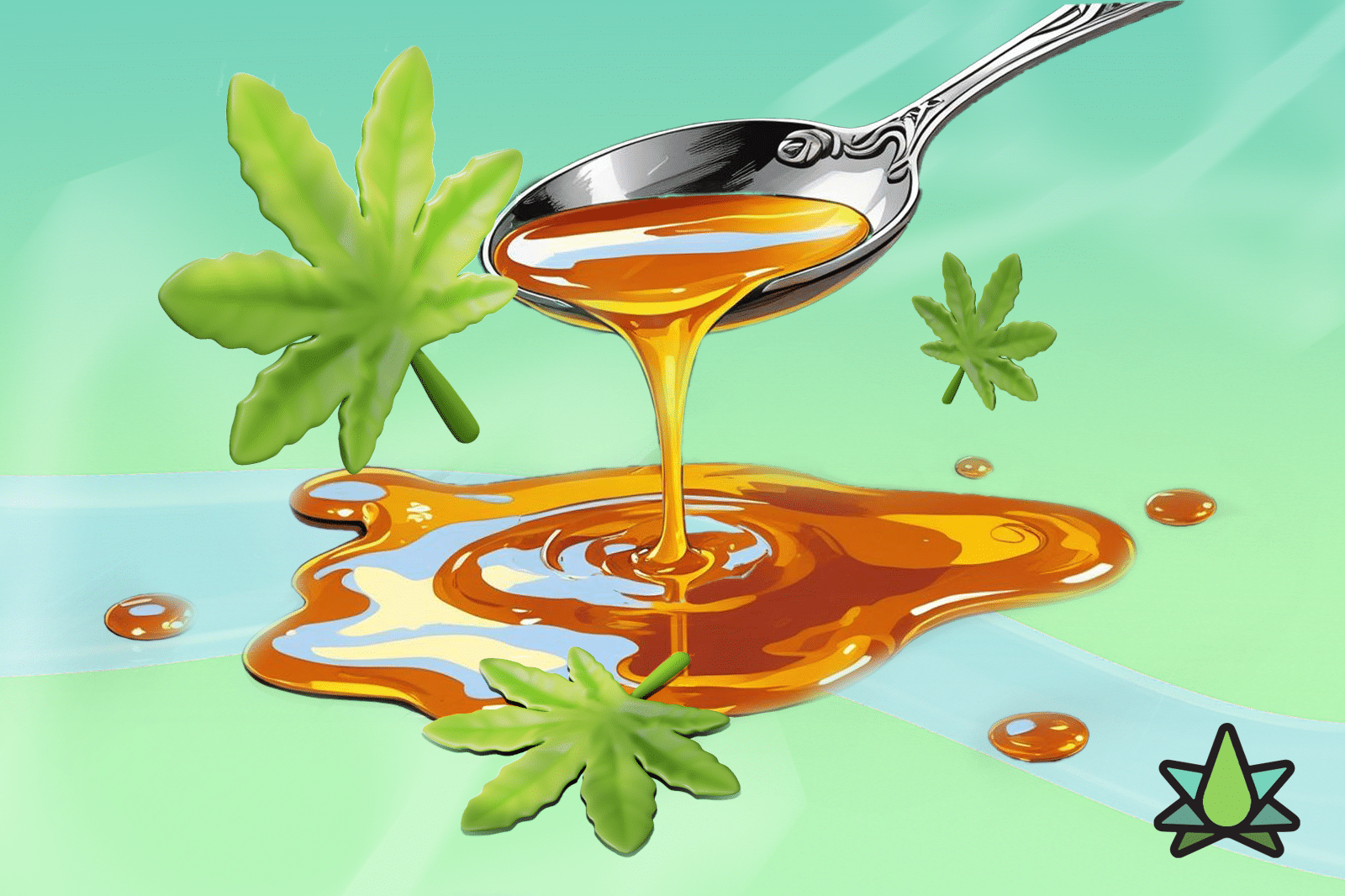 A spoon drips golden live resin onto a reflective surface, surrounded by green Terpene leaves on a light green background