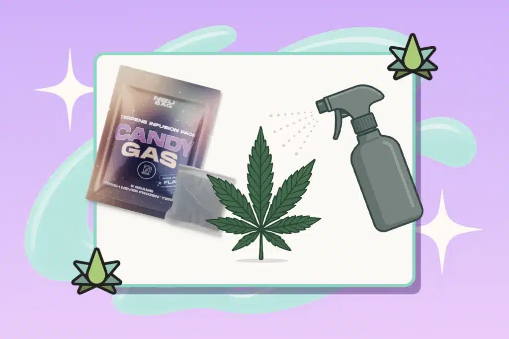 A terpene infusion pack labeled 'NEU BAG Candy Gas' with a terpene leaf sprayed with Terp Spray from a bottle