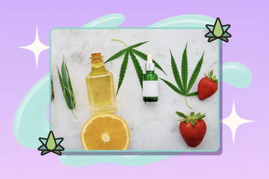 Strawberries, marijuana leaves, half an orange, tepenes and distillates