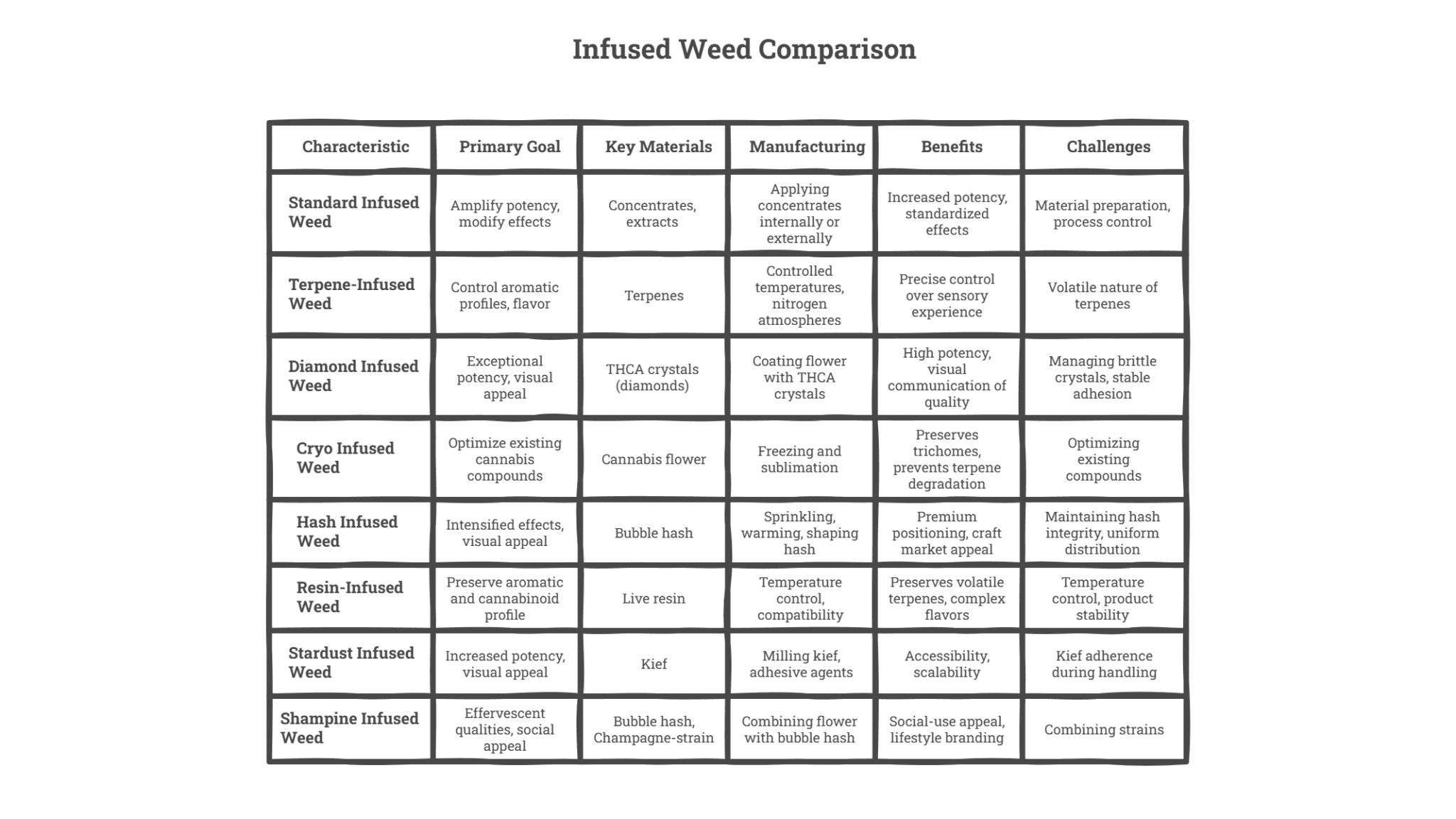 A table comparing all 8 kinds of infused products
